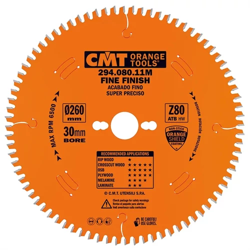 CMT Orange Körfűrészlap elektromos szerszámokhoz, finiselő vágás D260x2,5 d30 Z80 HW -5°Neg